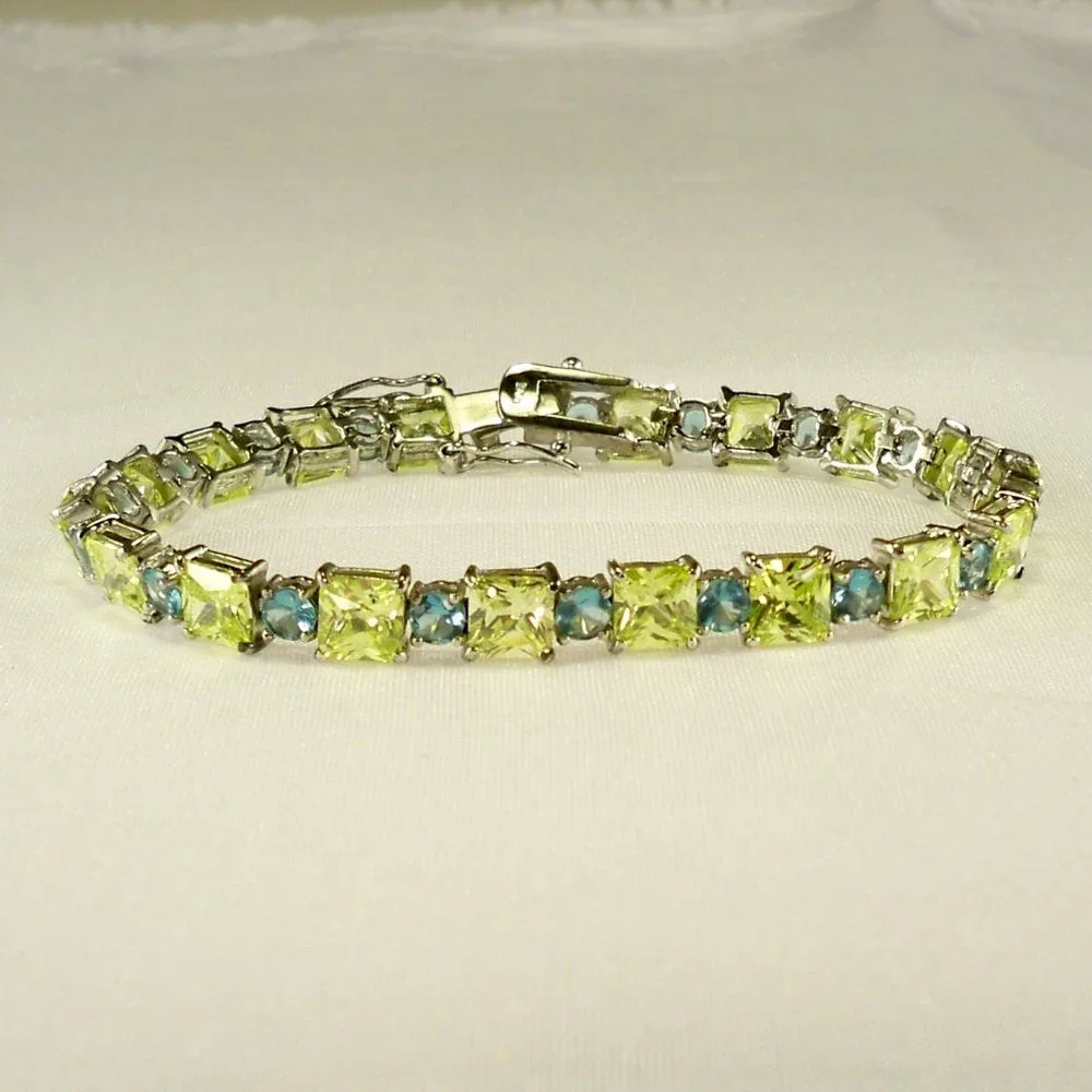 NEW Vintage R C by Adrienne Yellow, Aquamarine Cubic Zirconias Silver Bracelet